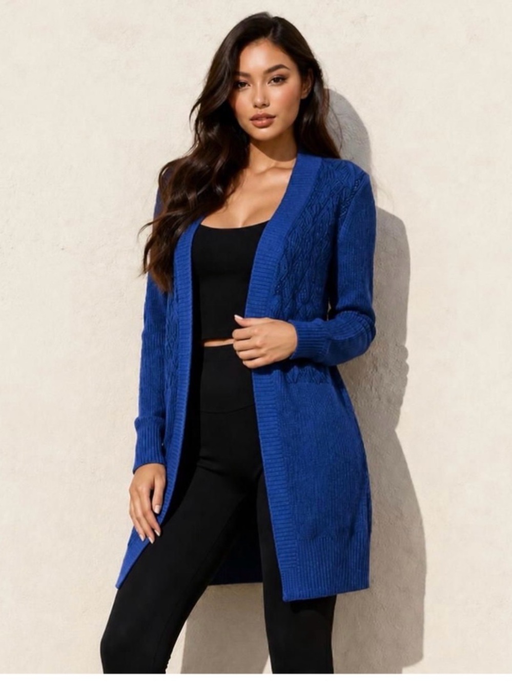 Karl Lagerfeld Long Open-Front Cable Knit Cardigan sapphire with black size M